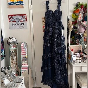 Elegant Navy Blue Sequin Gown